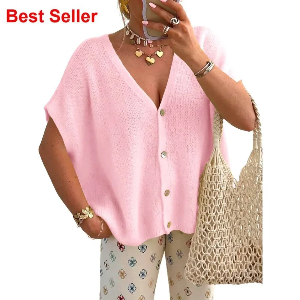 Oversized Batwing Sleeve V-Neck Cardigan Lightweight Knit Casual Top